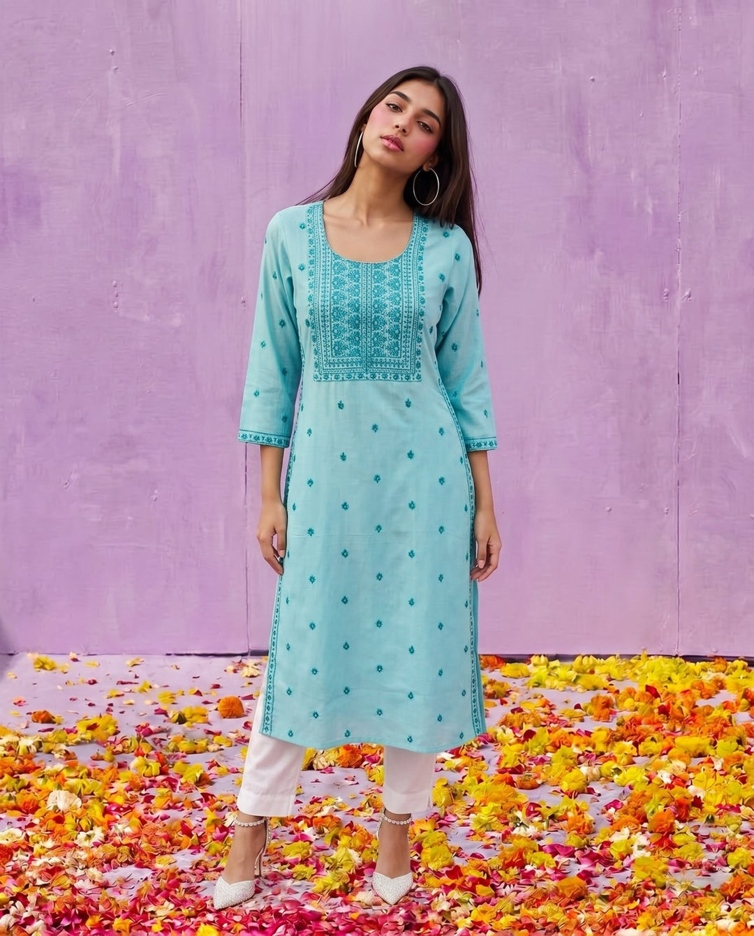 Sky Blue Embroidered Viscose Blended Straight cut Long Kurta