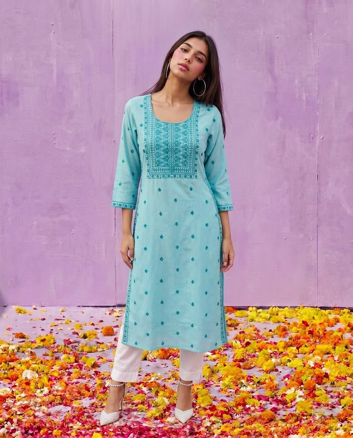 Sky Blue Embroidered Viscose Blended Straight cut Long Kurta
