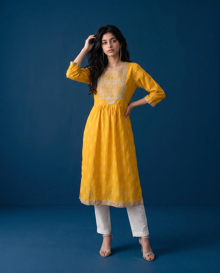 Yellow Embroidered Cotton Straight cut Long Kurta