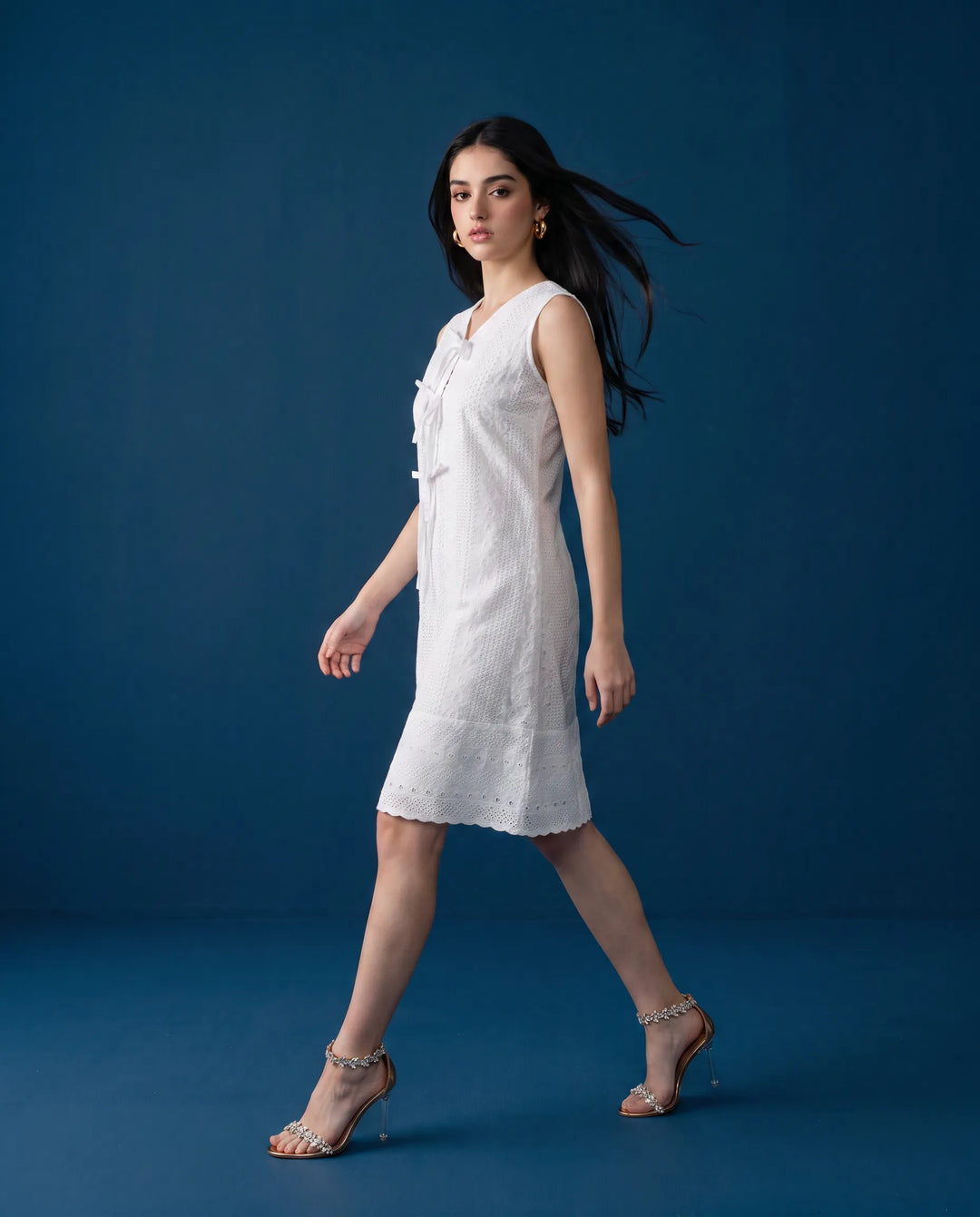 White Embroidered Korean Style Cotton Midi Dress