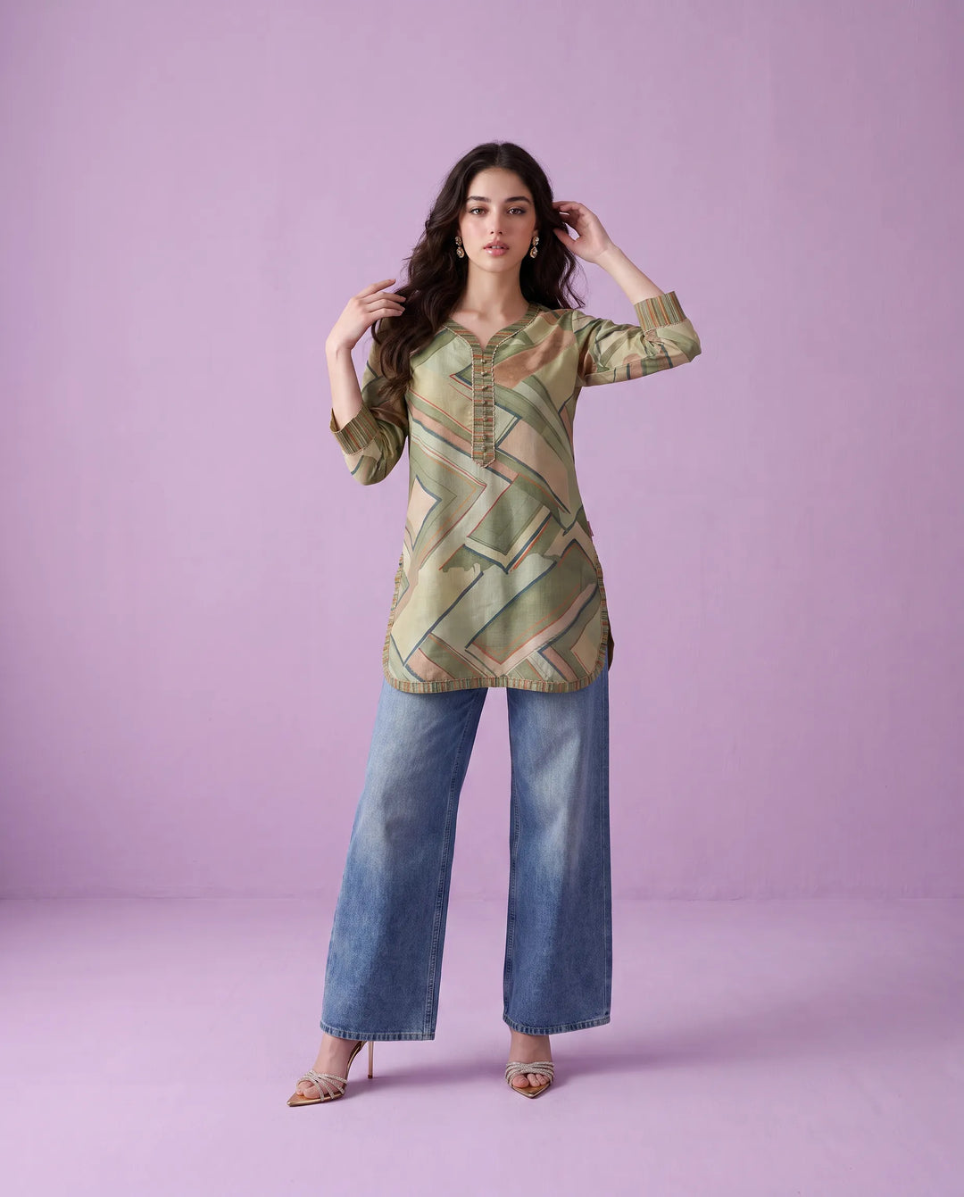 Olive Printed Cotton Blended Short Kurti