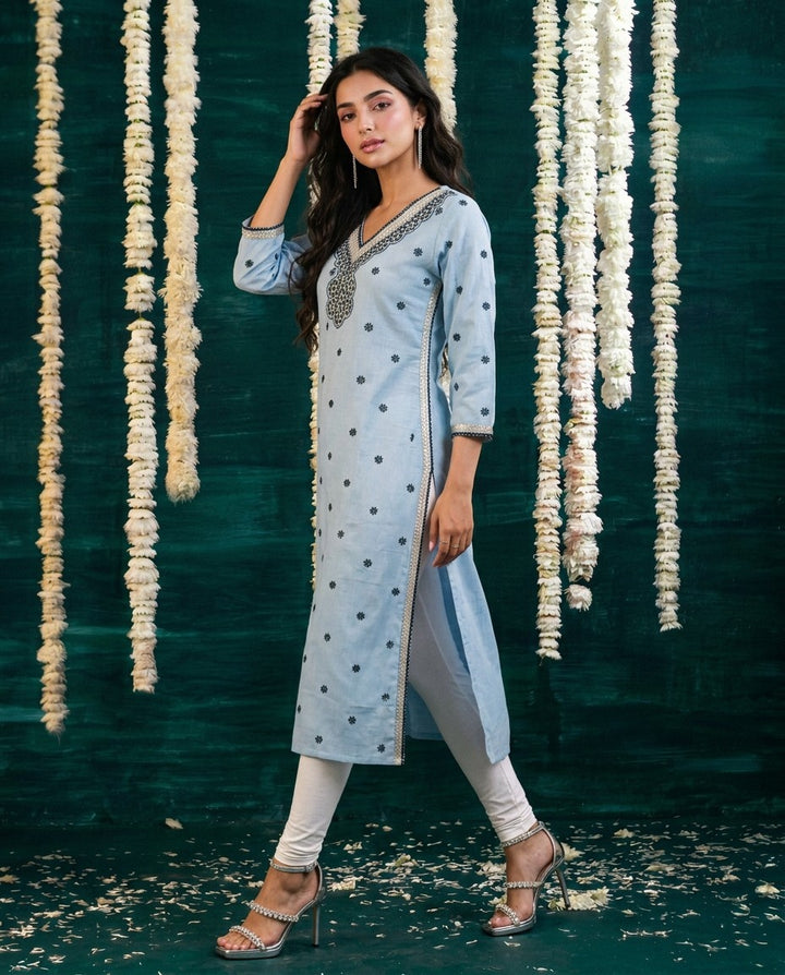 Blue Embroidered Viscose Blended Straight cut Long Kurta