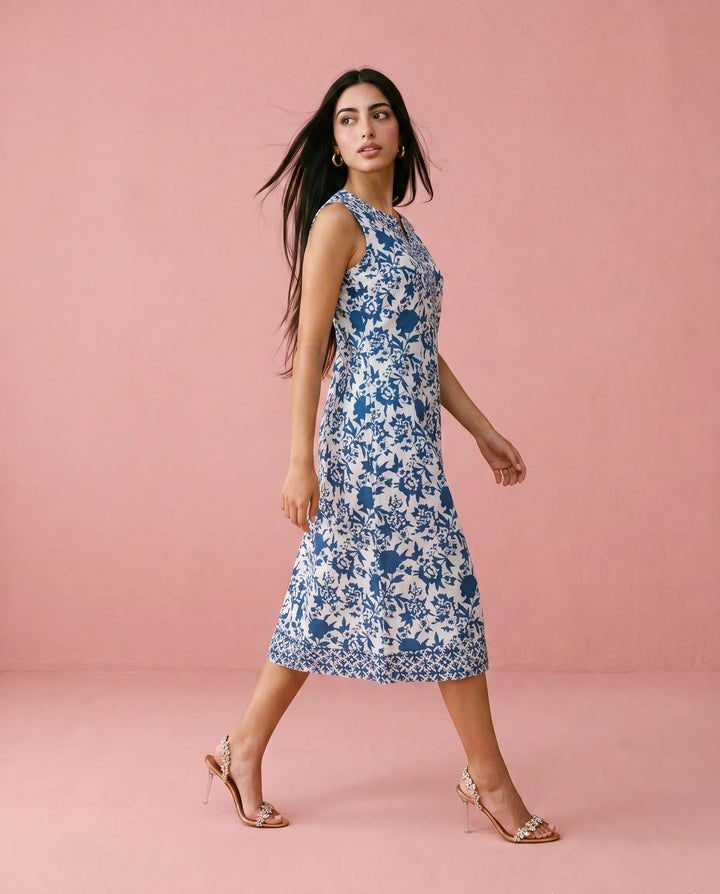 Blue Printed Pure Cotton Hand-Block Printed Midi Dress