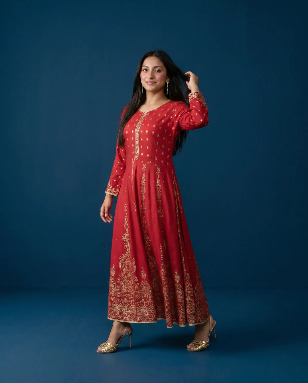 Red Printed Rayon Maxi Dress