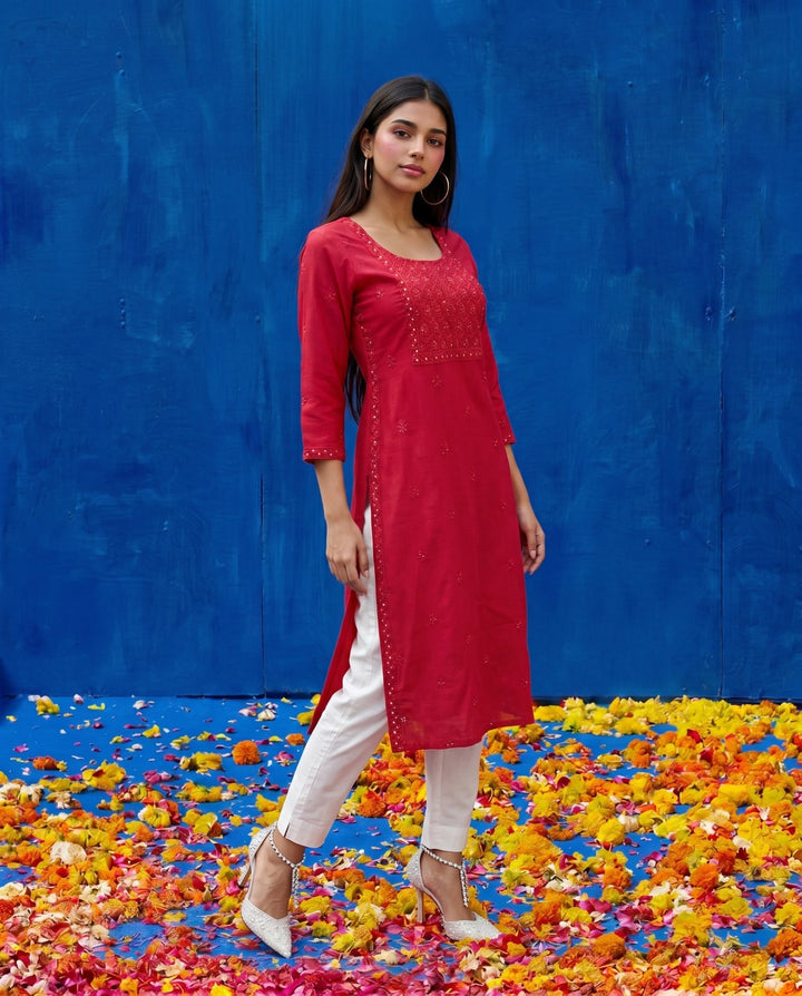Magenta Embroidered Viscose Blended Straight cut Long Kurta