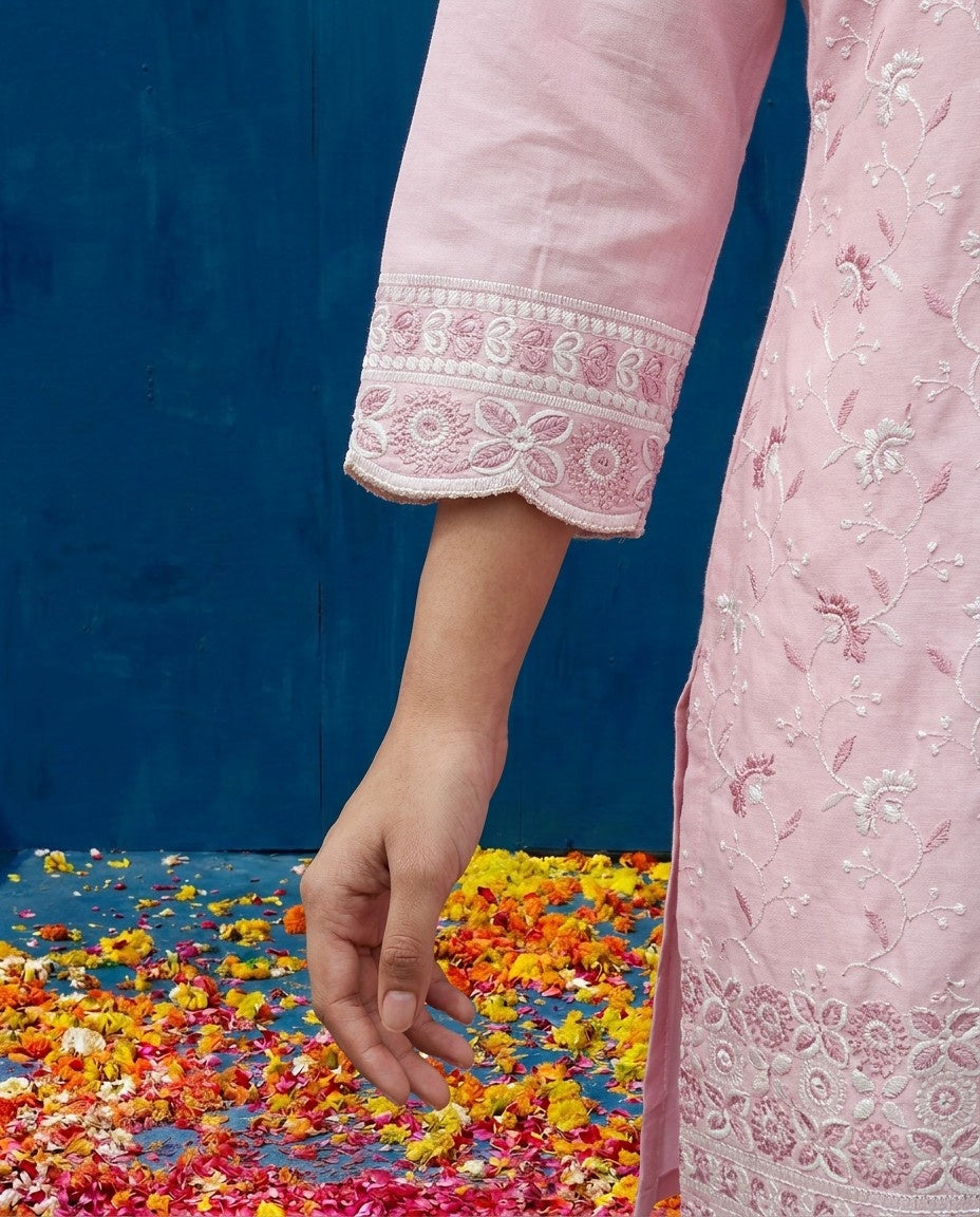 Pink Embriodered Cotton Satin Co-Ord Set