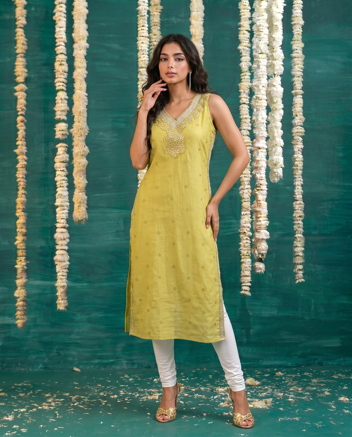 Yellow Embroidered Viscose Blended Straight cut Long Kurta