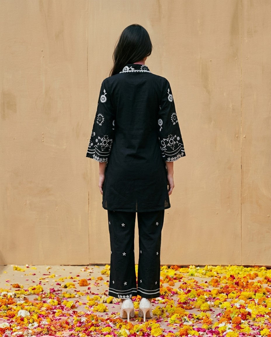 Black Embroidered Cotton Satin Co-Ord Set