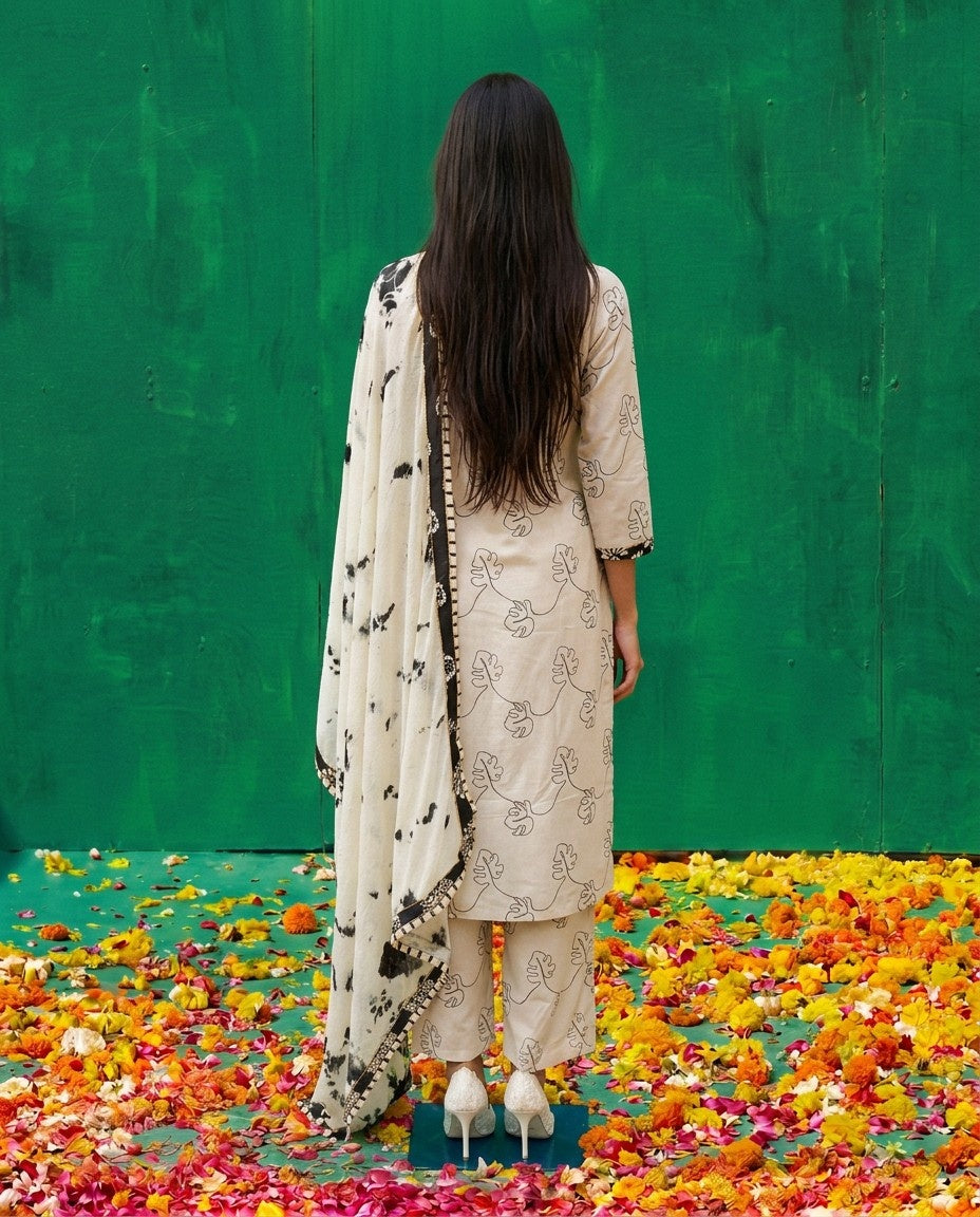 White Printed Cotton Kurta Bottom Dupatta Set