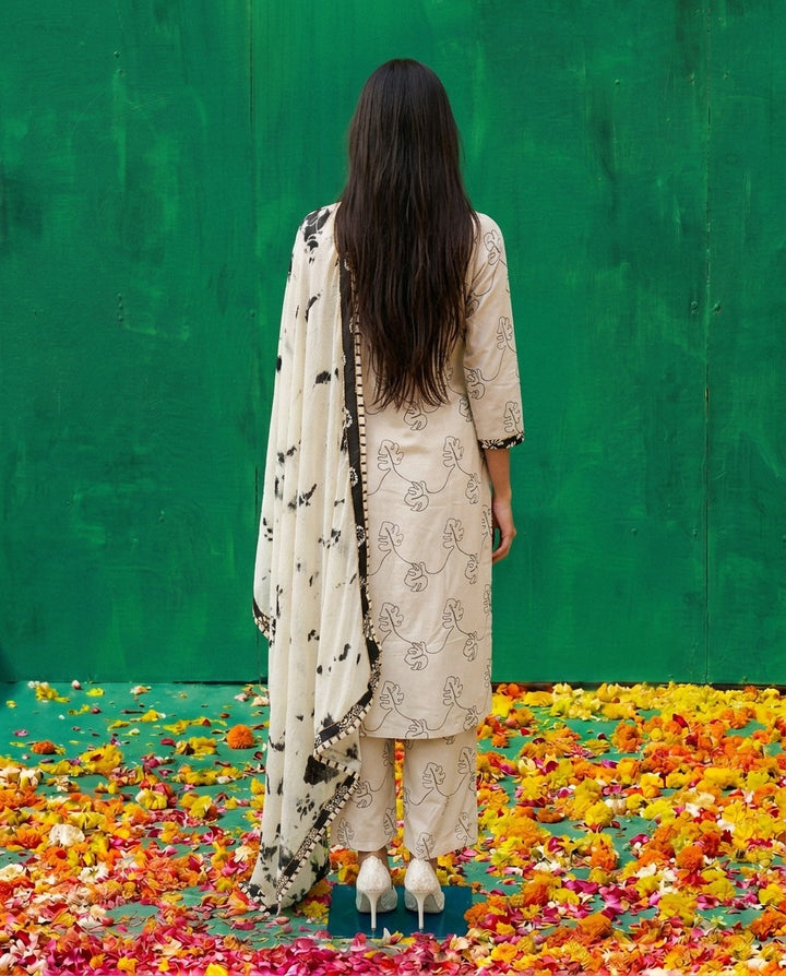 White Printed Cotton Kurta Bottom Dupatta Set