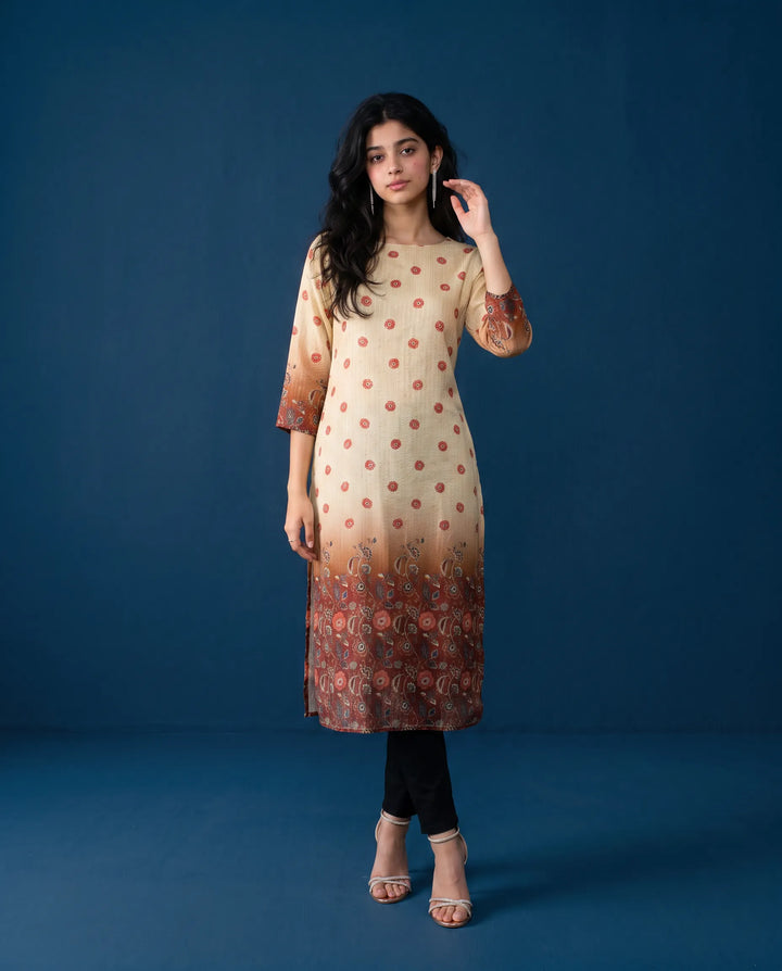 Beige Printed Viscose Blended Straight Cut Long Kurta