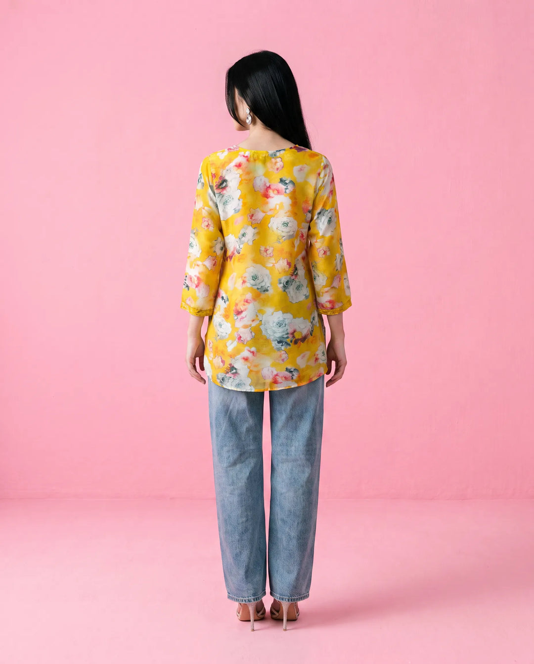 Yellow Printed Crepe Silk Short Kurti