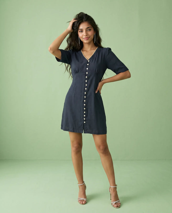 Navy Solid Viscose Blended Midi Dress