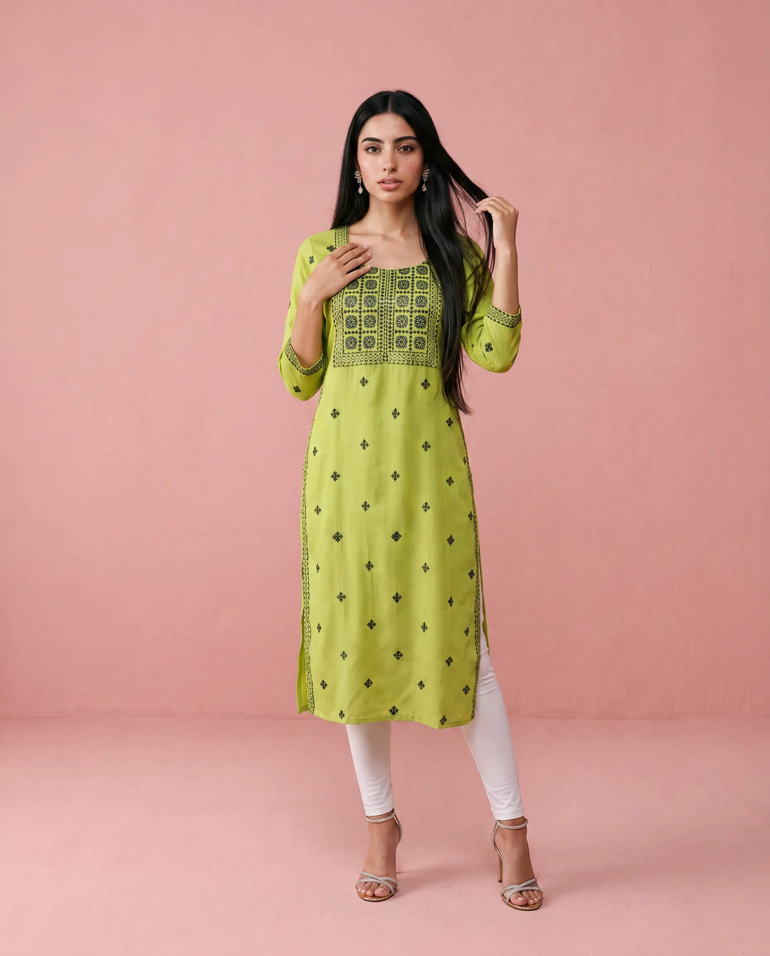 Green Embroidered Viscose Blended 3/4 Sleeves Straight Cut Long Kurta