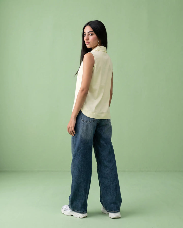 Yellow Solid Cotton Satin Sleeveless Top