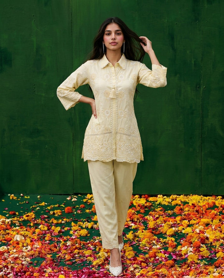 Yellow Embroidered Cotton Satin Co-Ord Set