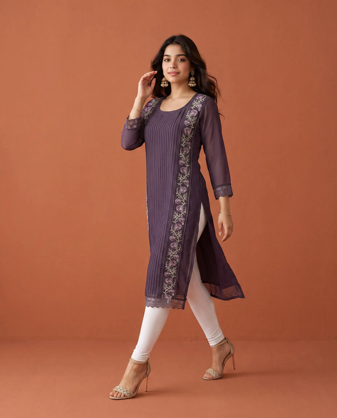 Purple Embroidered Georgette Straight cut Long Kurta
