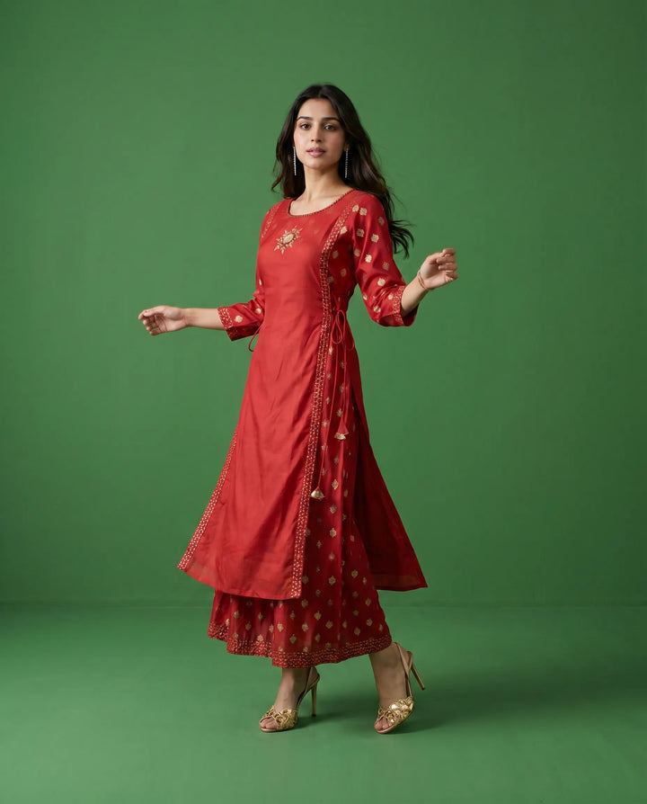 Red Printed Viscose Blended Maxi Dress