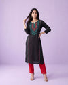 Black Embroidered Cotton Straight cut Long Kurta