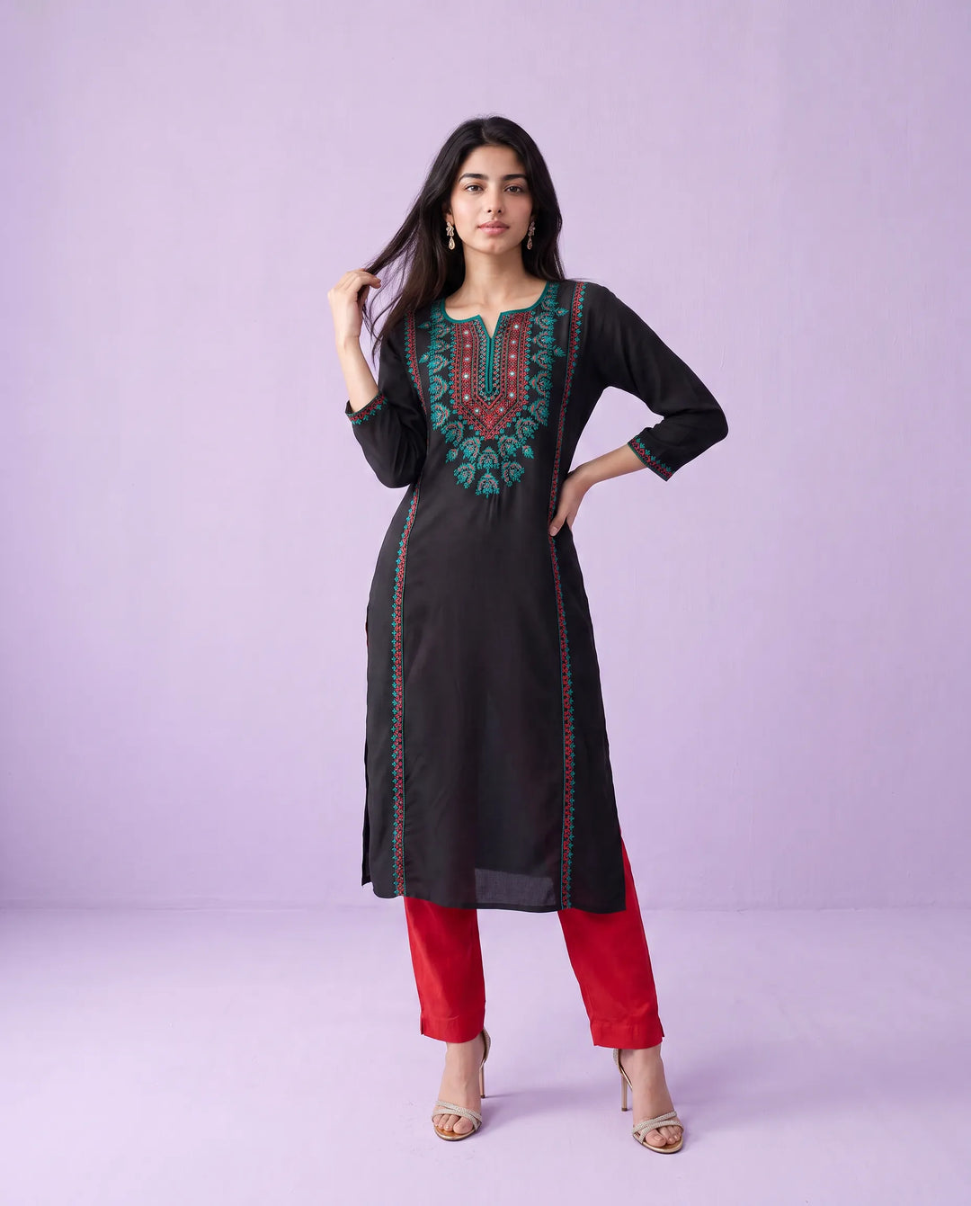 Black Embroidered Cotton Straight cut Long Kurta