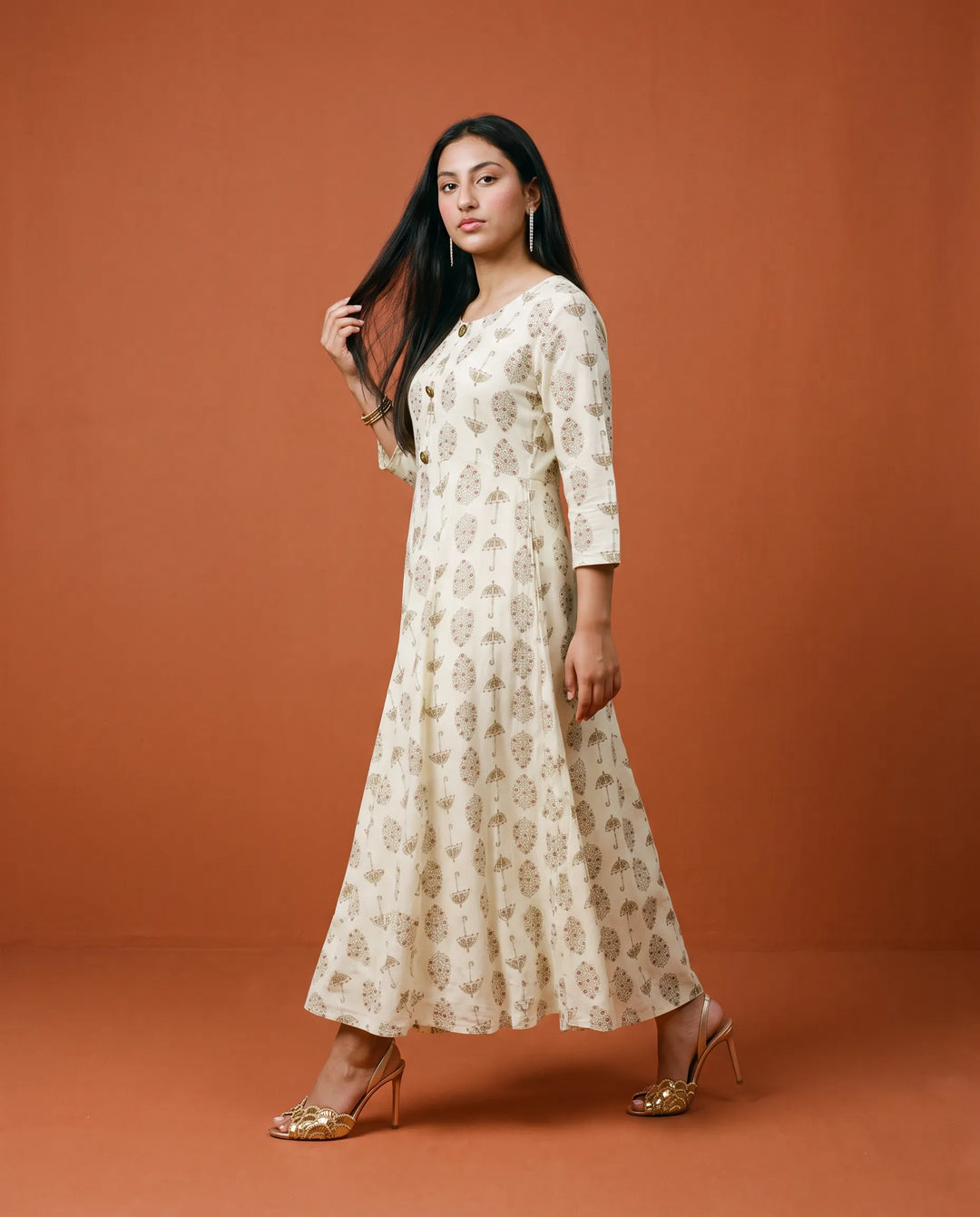 White Printed Rayon Maxi Dress