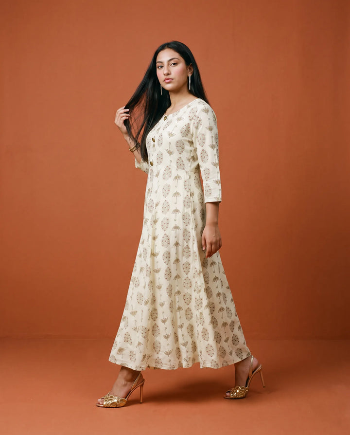 White Printed Rayon Maxi Dress