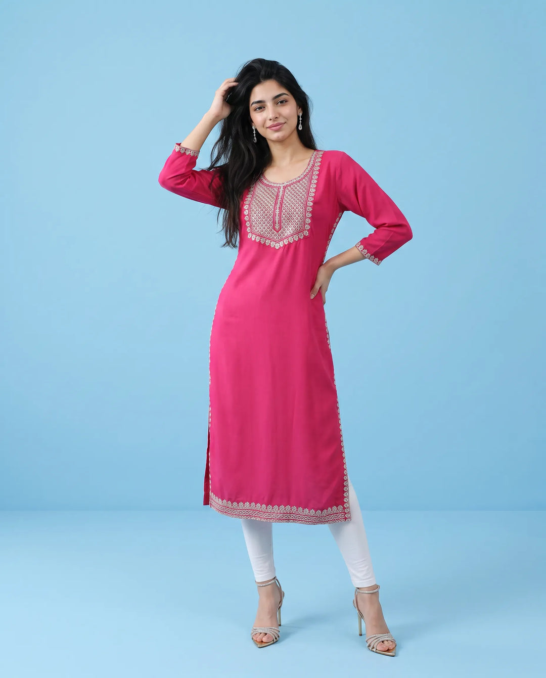 Pink Embroidered Rayon Straight cut Long Kurta