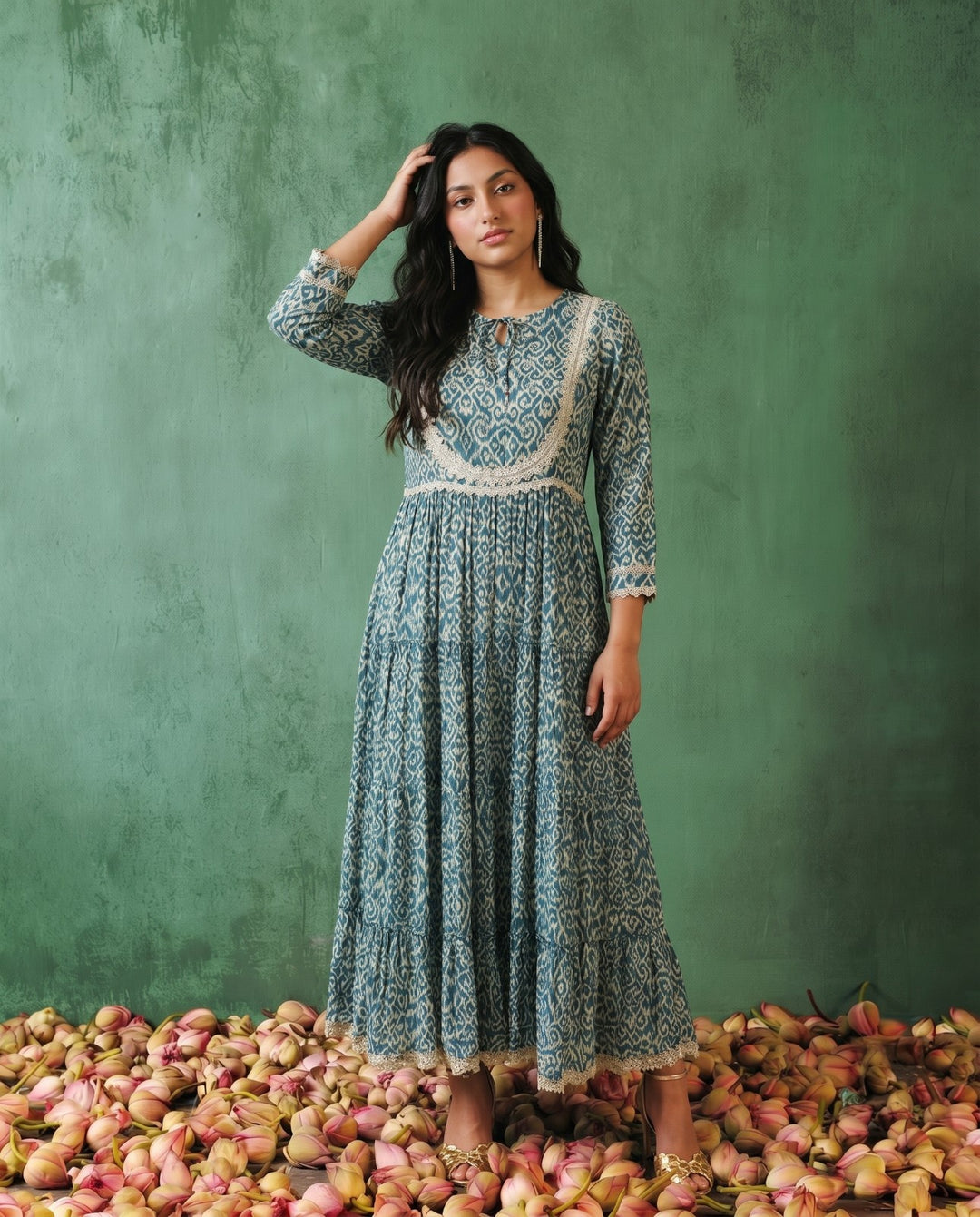 Blue Printed Silk Blended Maxi Dress