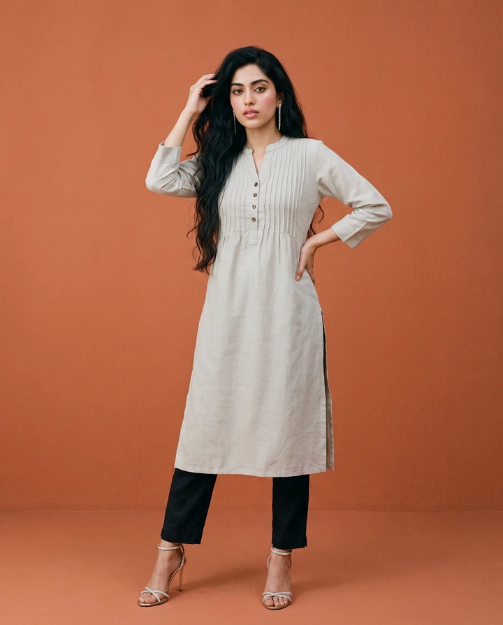 Grey Solid Cotton Straight cut Long Kurta