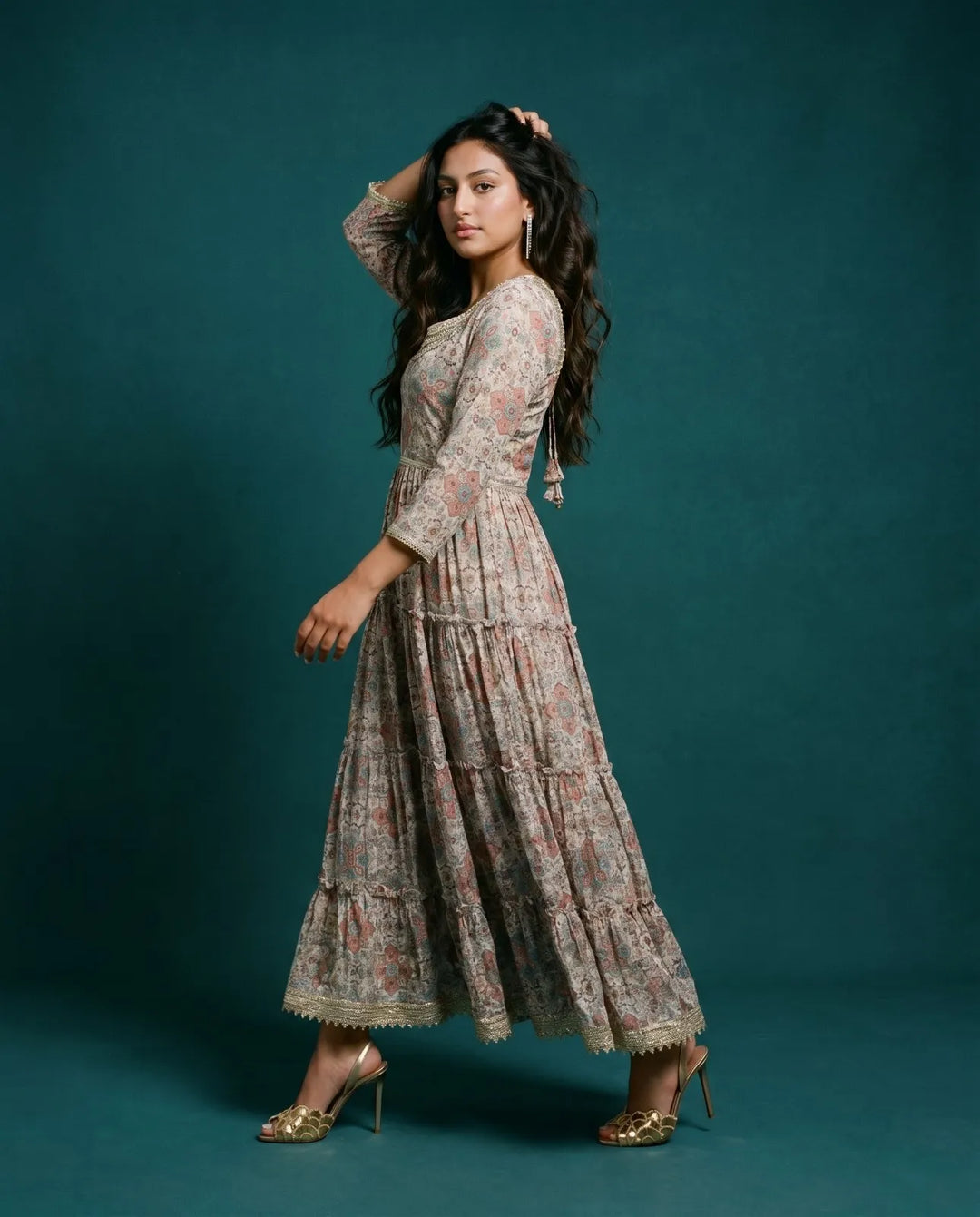 Multi Colour Printed Silk Blended Maxi Dress