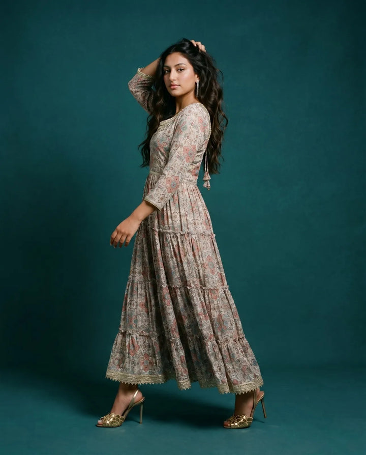 Multi Colour Printed Silk Blended Maxi Dress