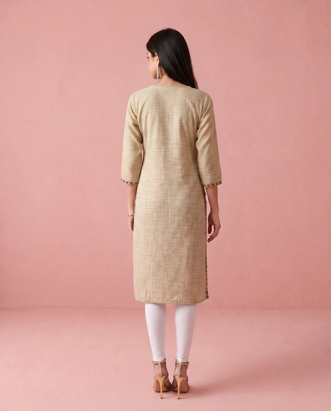 Beige Embroidered Cotton Straight cut Long Kurta