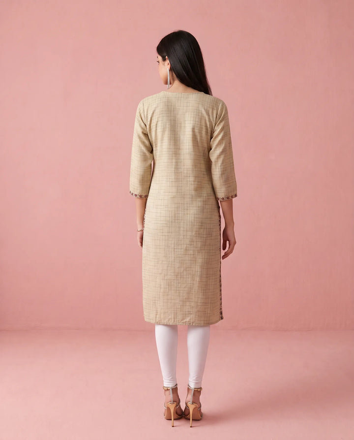 Beige Embroidered Cotton Straight cut Long Kurta
