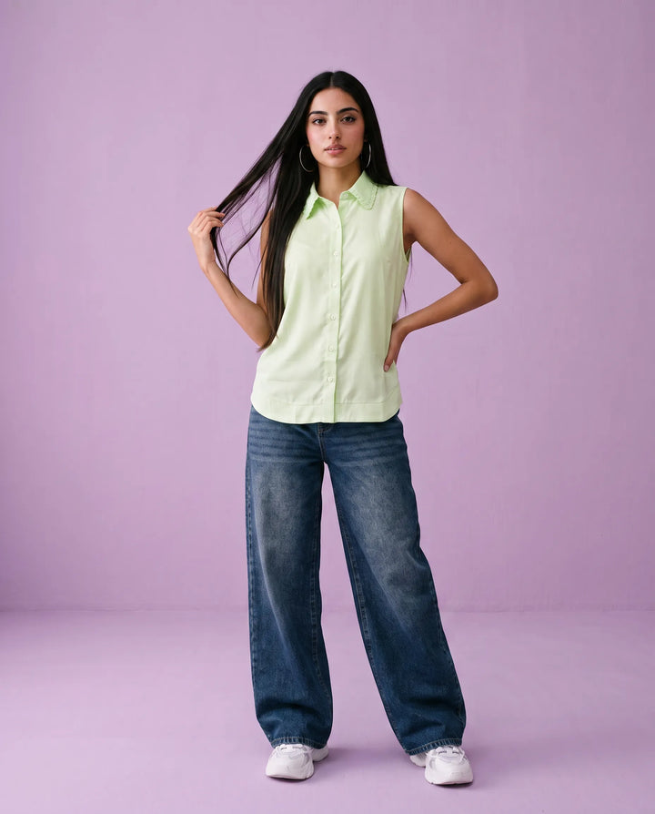 Sea Green Solid Cotton Satin Sleeveless Top