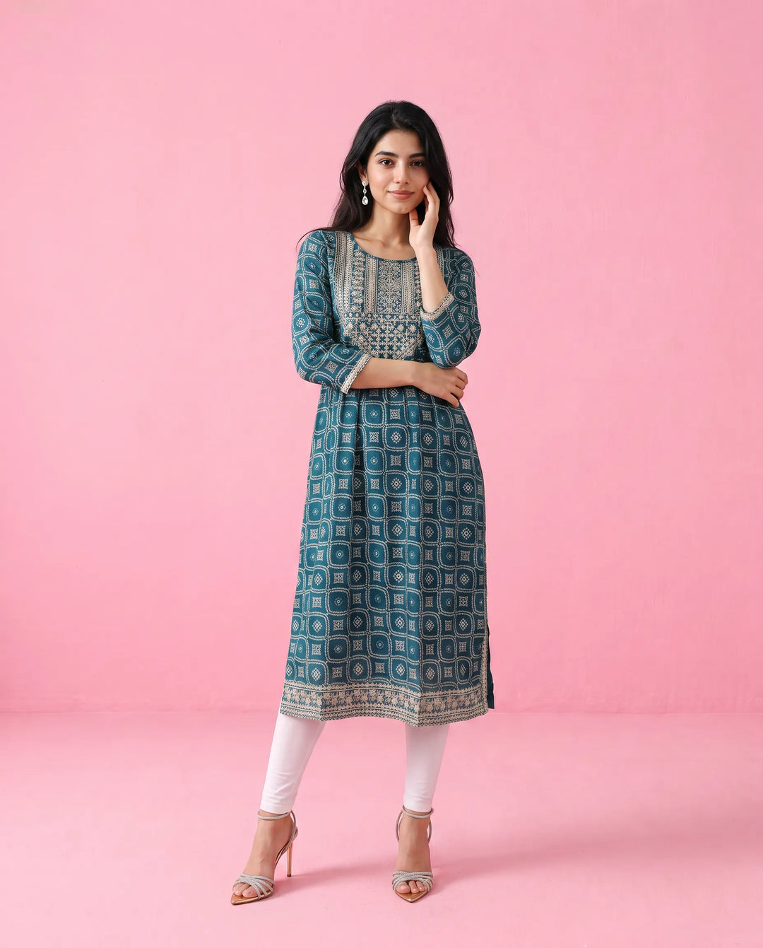 Teal Blue Embroidered Viscose Blended Straight Cut Long Kurta