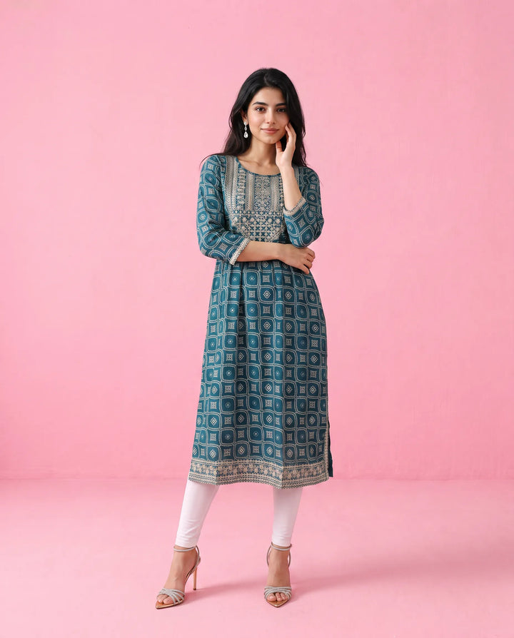 Teal Blue Embroidered Viscose Blended Straight Cut Long Kurta