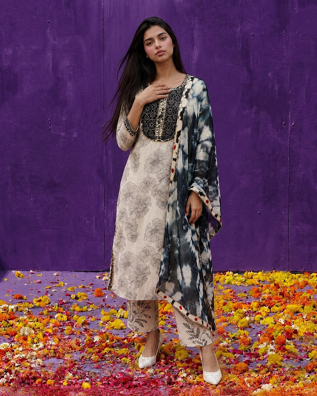 White Printed Cotton Kurta Bottom Dupatta Set