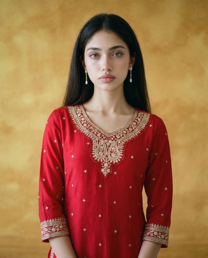 Magenta Embriodered Silk Blended 3/4 Sleeves Kurta Bottom Dupatta Set