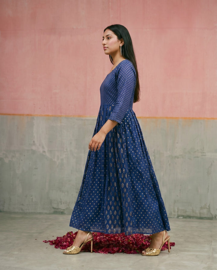 Navy Printed Mal Cotton Foil Printed Maxi Dress