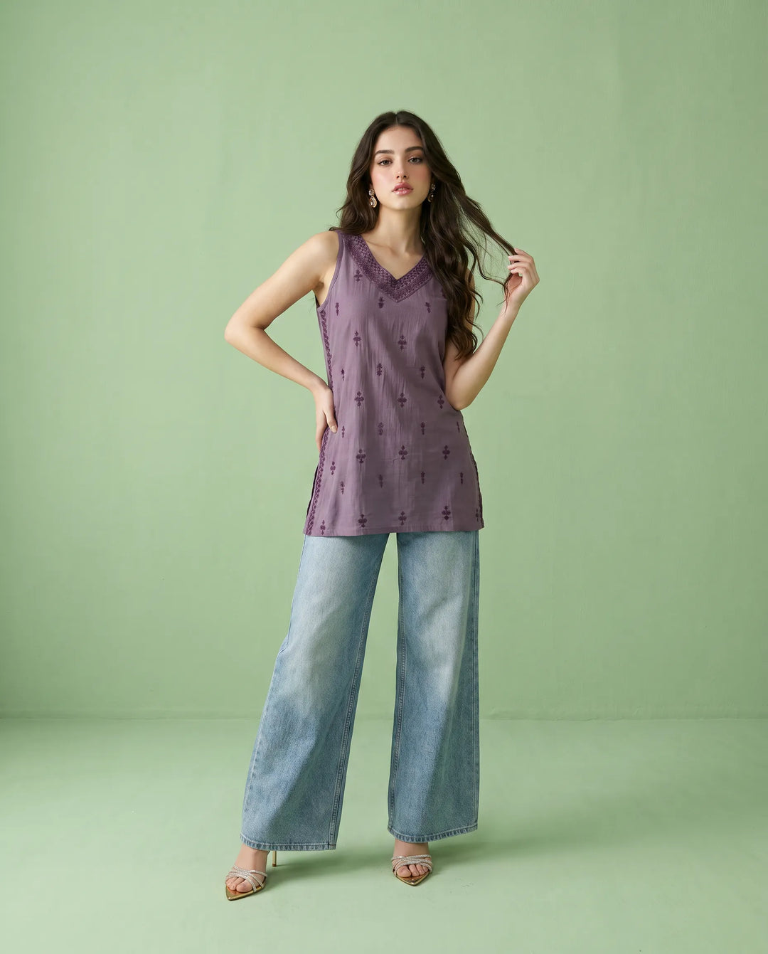 Purple Embroidered Cotton Blended Sleeveless Short Kurti
