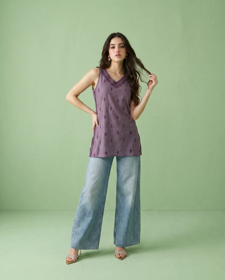 Purple Embroidered Cotton Blended Sleeveless Short Kurti