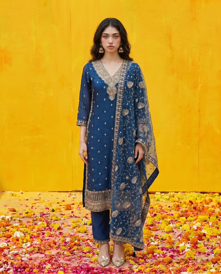 Blue Embriodered Silk Blended Kurta Bottom Dupatta Set