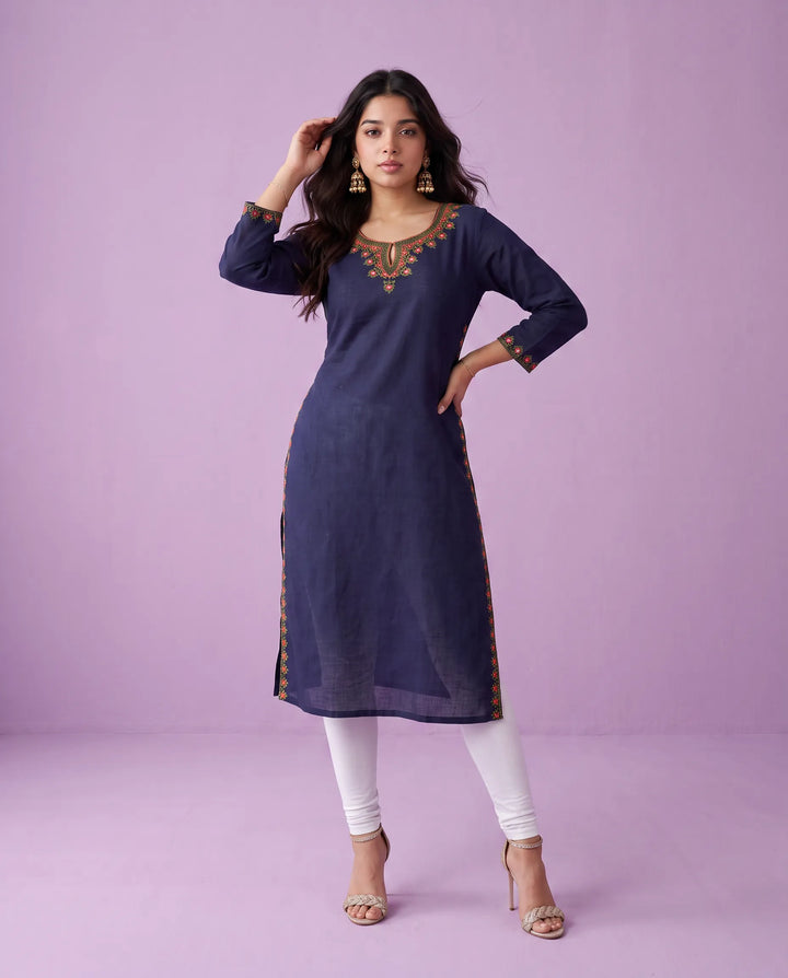 Navy Embroidered Rayon Straight cut Long Kurta