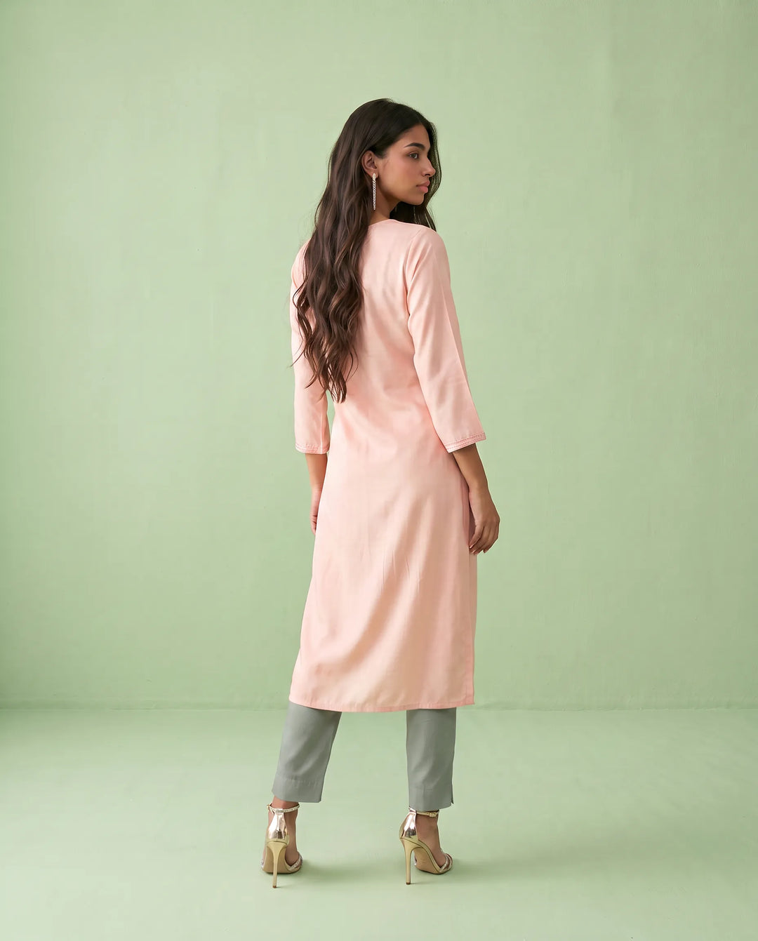 Peach Embroidered Rayon Straight cut Long Kurta