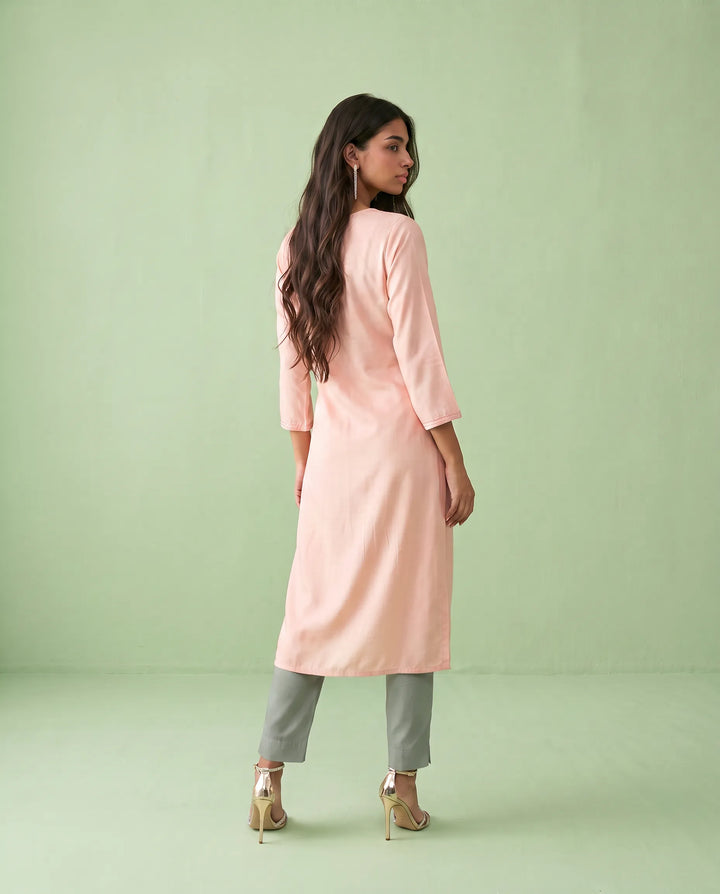 Peach Embroidered Rayon Straight cut Long Kurta