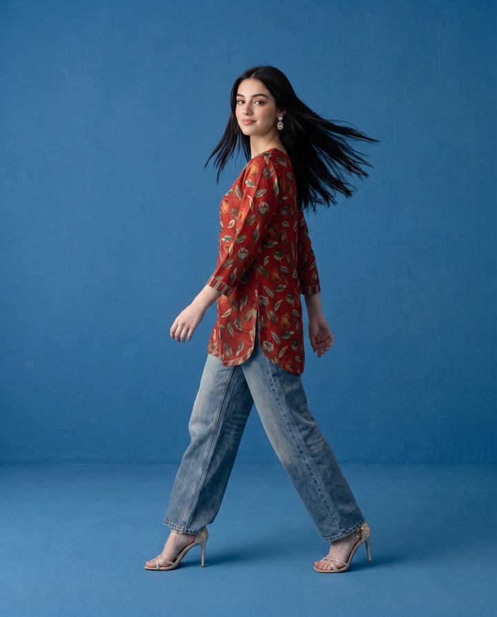 Red Printed Viscose Blended Short Kurti