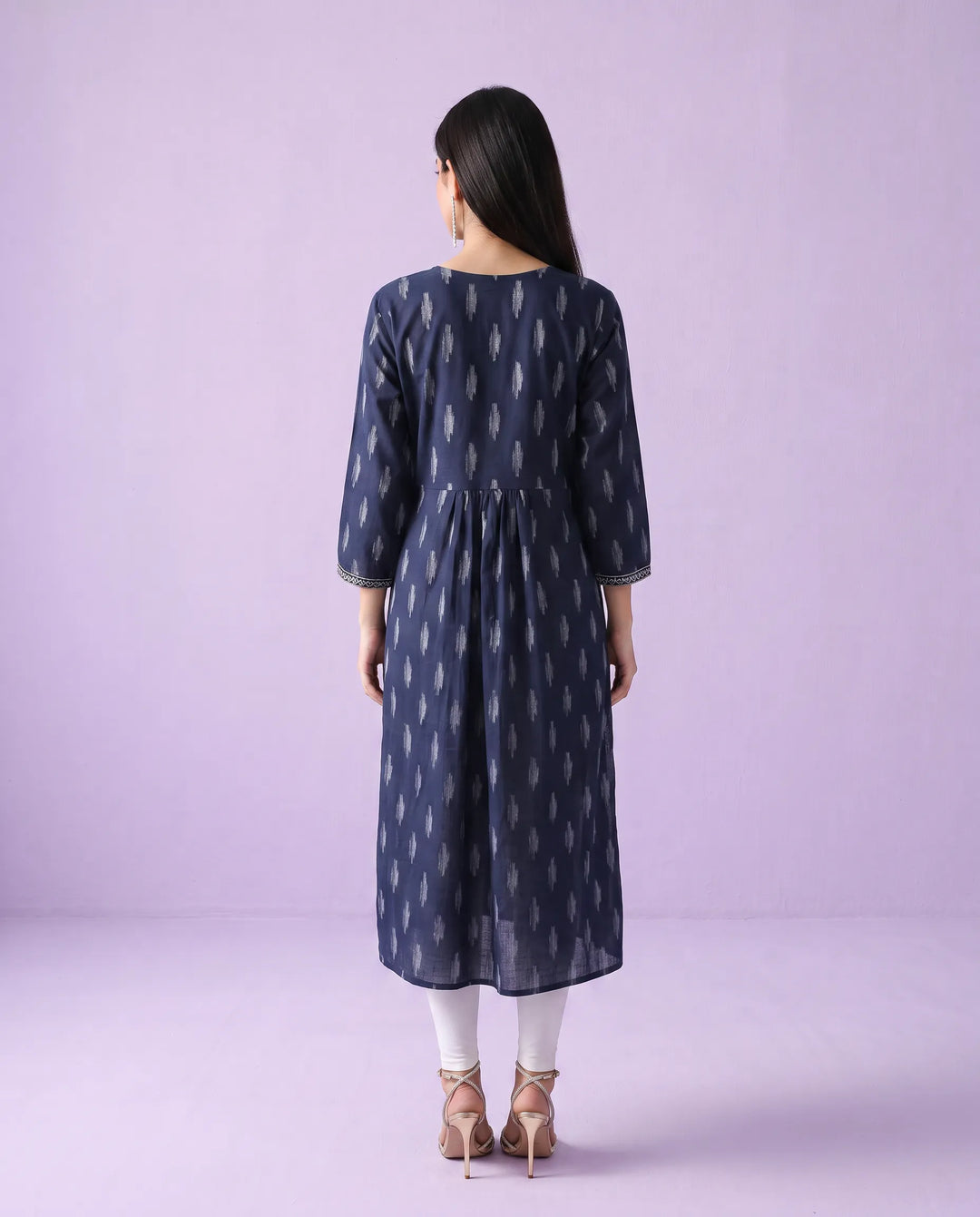 Navy Embroidered Cotton A- Line Long Kurta