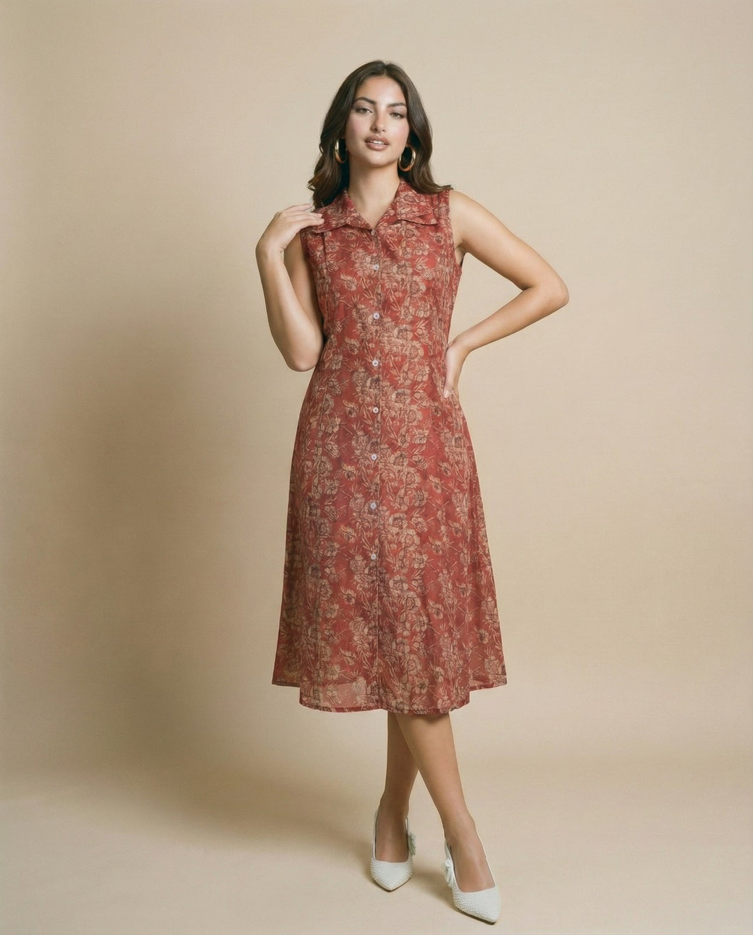 Maroon Printed Viscose Blended Midi Dress