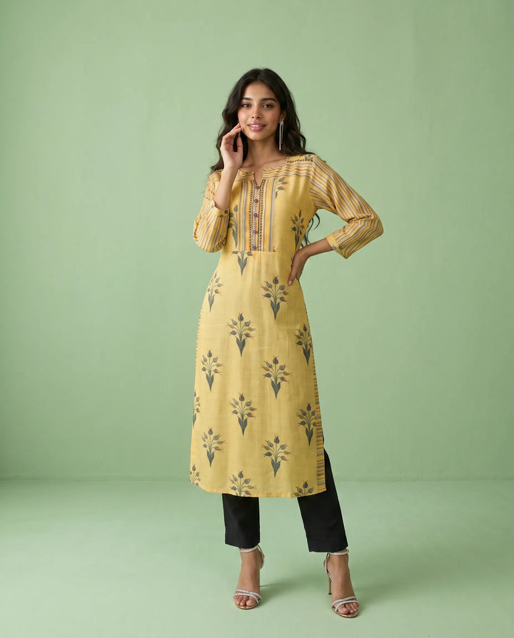 Yellow Printed Cotton Straight cut Long Kurta