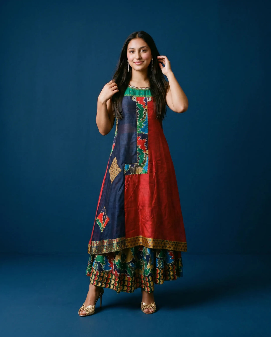 Navy Printed Viscose Blended Sleeveless Maxi Dress
